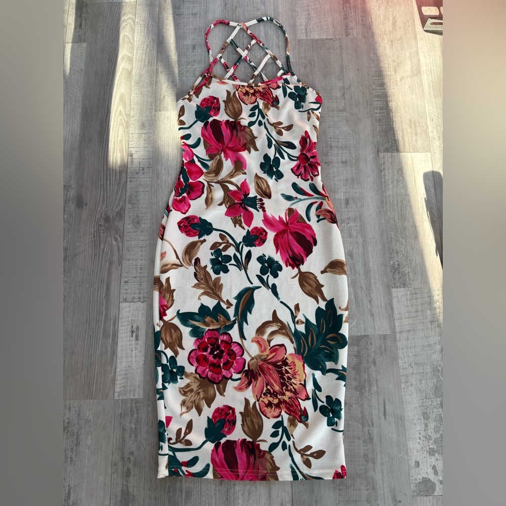 SHEIN White Midi Dress with Pink & Green Floral Print